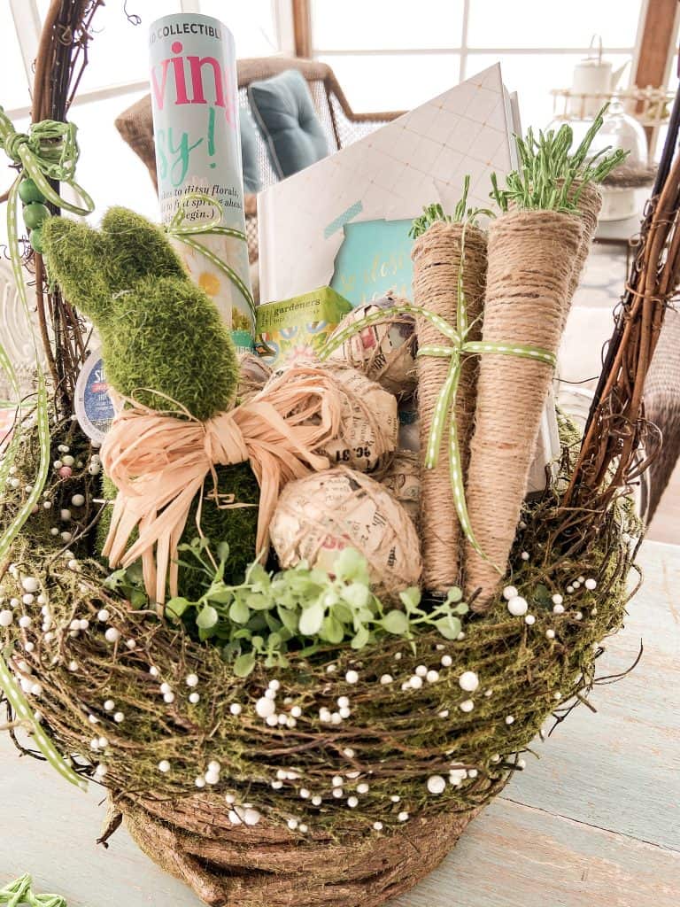 Easter basket with decoupage Easter eggs and faux carrots, Easter gifts. Friendship Easter basket ideas.