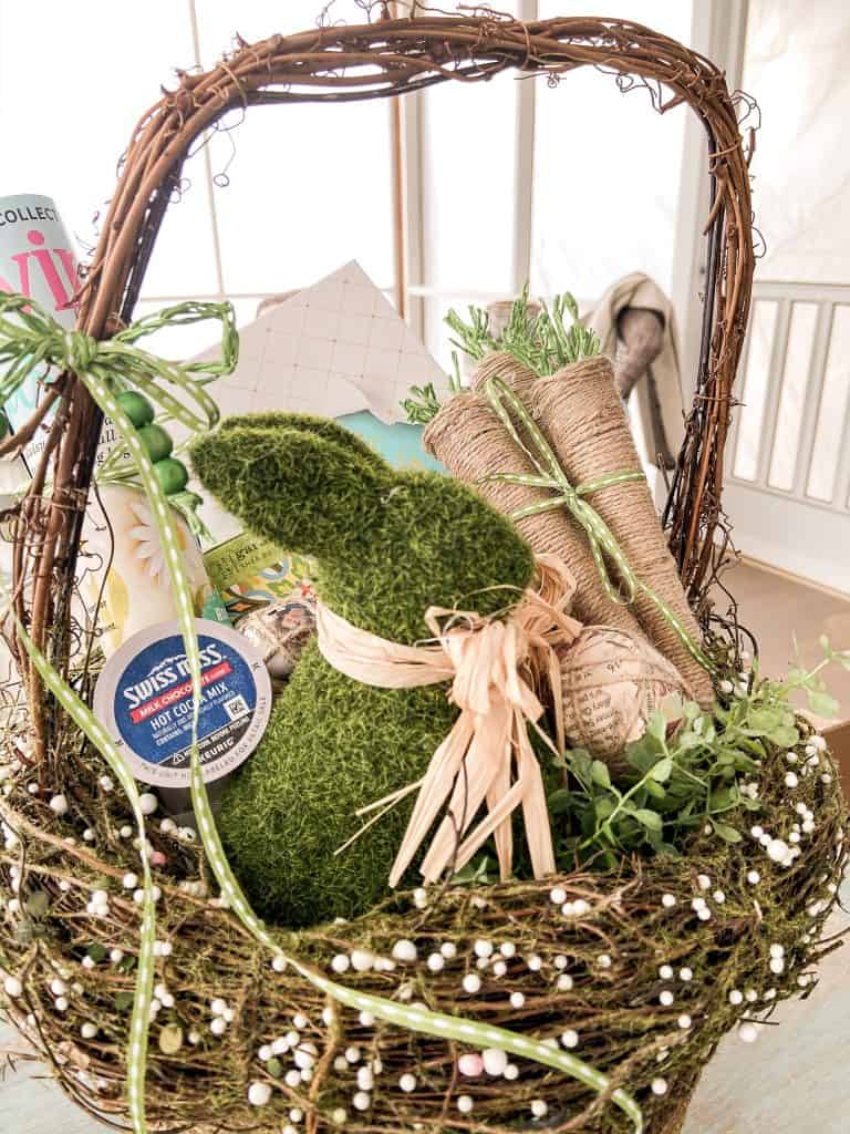 Unique Easter basket, moss bunnie, Swiss miss chocolate . Friendship Easter basket. BFF Easter basket.
