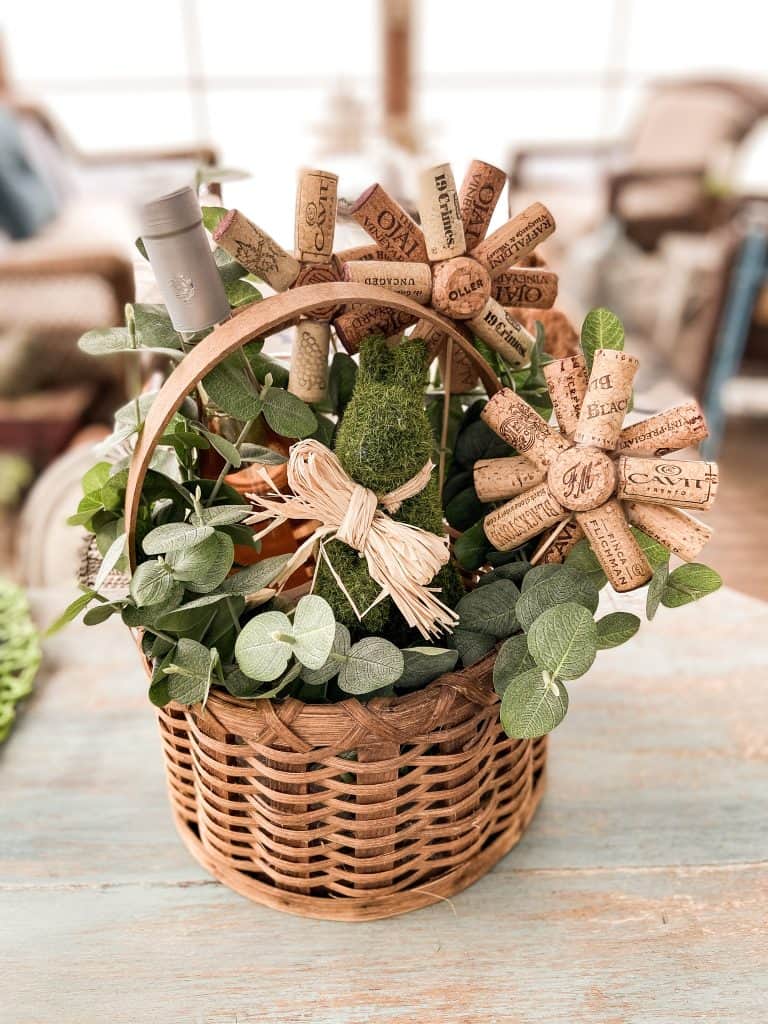 Easter basket decorated with wine cork flowers. Friendship Easter basket with wine cork flowers.