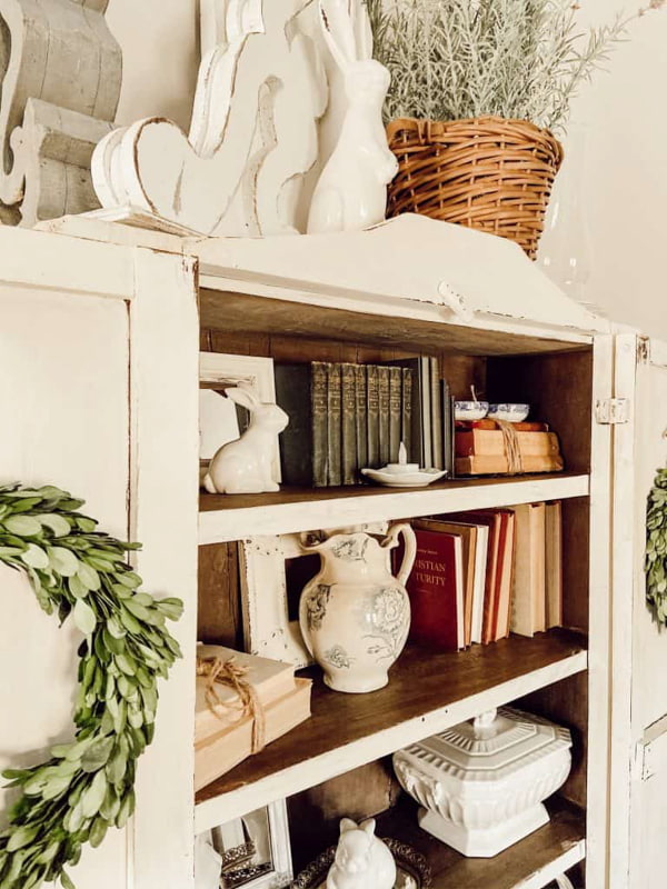 How To style shelves with vintage collections in an antique cupboard
