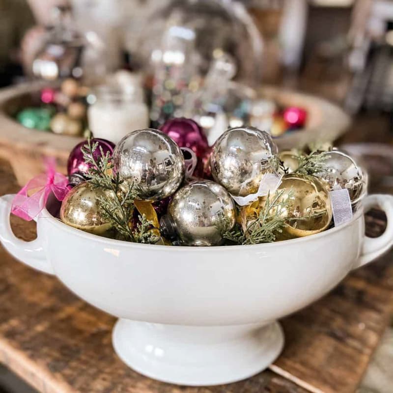 Ironstone Tureen filled with vintage Christmas ornaments