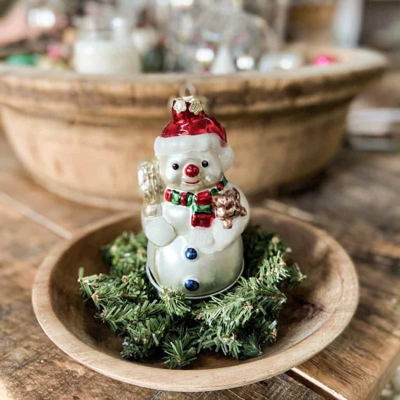 Vintage Christmas Snowman Ornament in wooden bowl