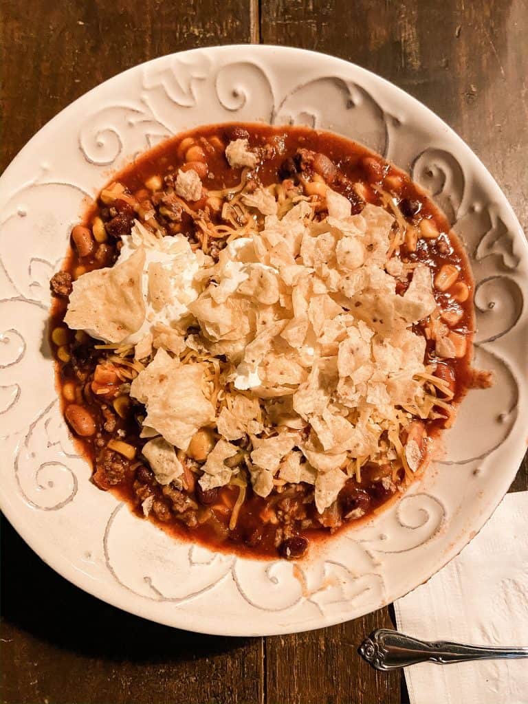 Taco Soup with crushed tortilla shells for a hearty winter dinner recipe