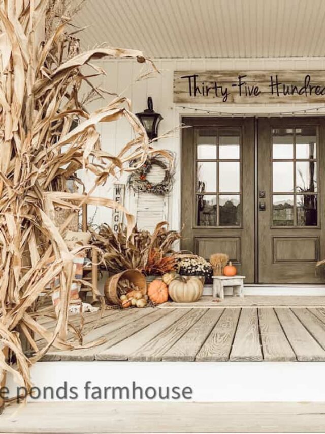 Front Porch with corn-stalks. Early Fall Decorating Inspiration with foraged elements