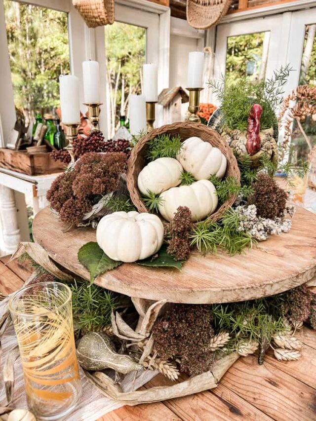 Round footed cheese board with pumpkins cornucopia, turkey planter and dried flowers for Thanksgiving Centerpiece 