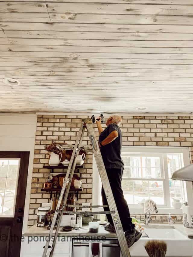 DIY farmhouse whitewashed ceiling. 2 Step distressed ceiling.