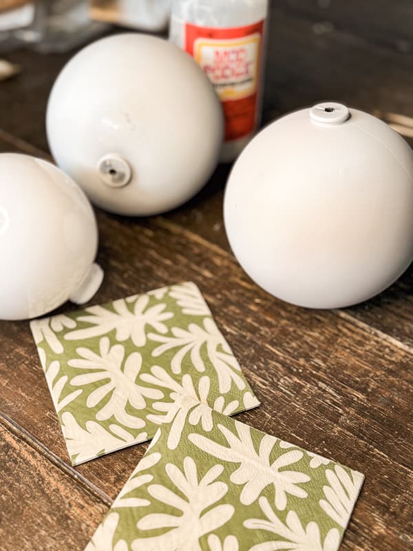 painted Oversized Dollar Tree Ornaments with Green and cream napkins