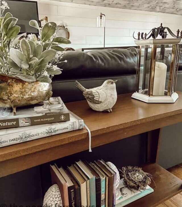 How-To-decorate-a-Sofa-table-for-spring-with-birds-and-books.-