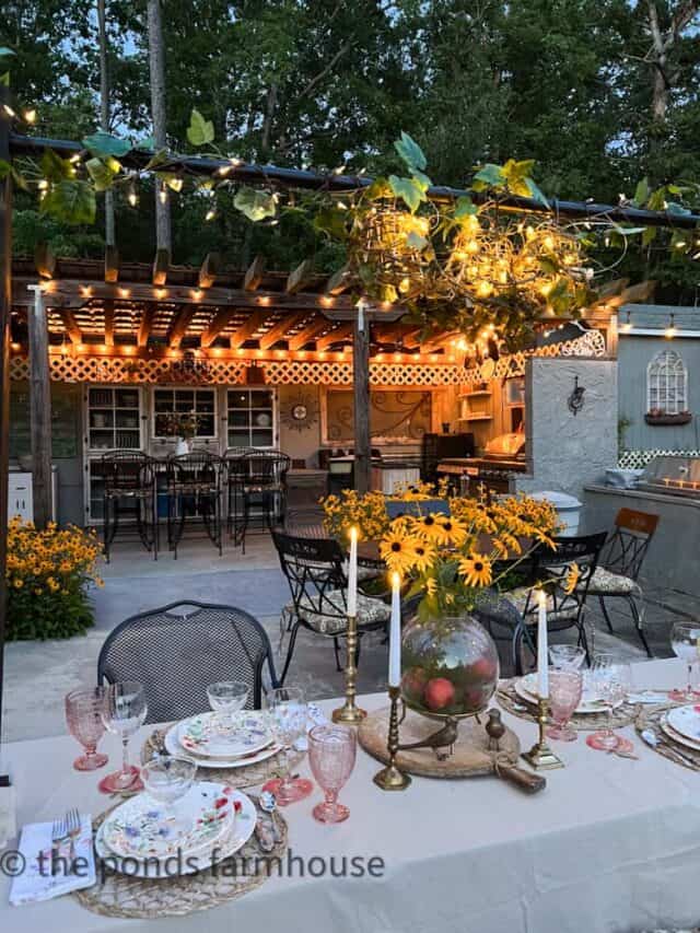 Early evening Peach themed dinner party at the outdoor kitchen with black-eyed susans and peaches.  