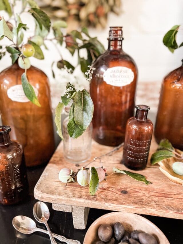 15 Antique Rustic Fall Decor Ideas with Amber Glass Bottles