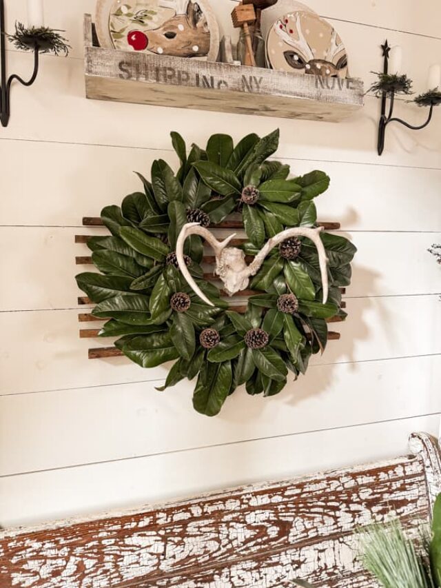 Cabin Style Rustic Antler Wreath With Magnolias