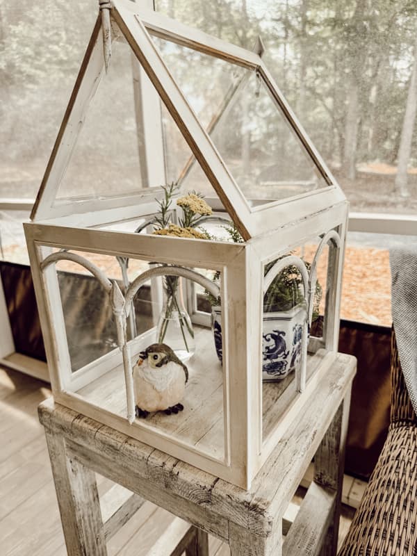 DIY Standing Glass Terrarium made with Dollar Tree Supplies and a Thrifted bar stool.  
