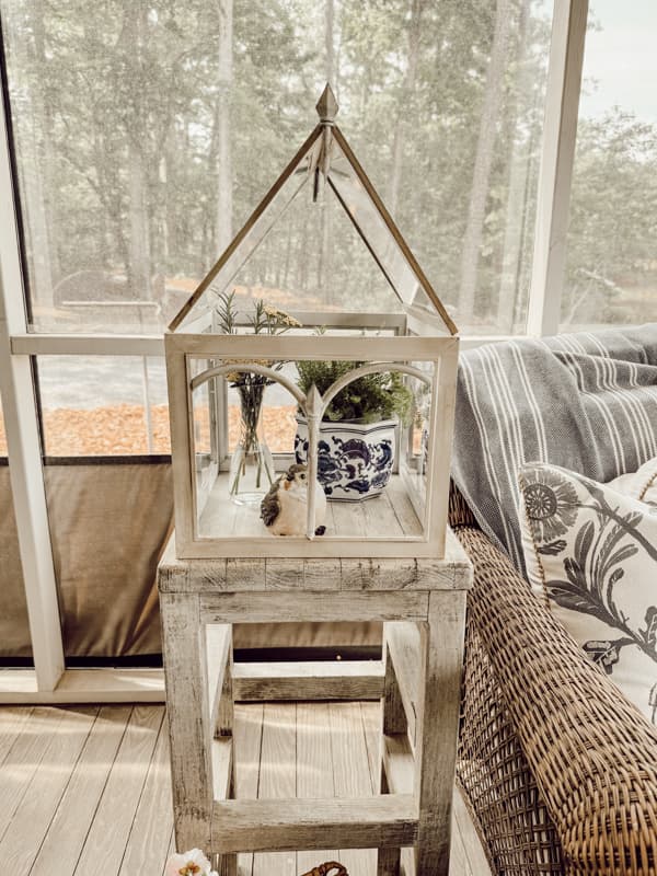 Dollar store DIY Terrarium displayed in screened in porch.