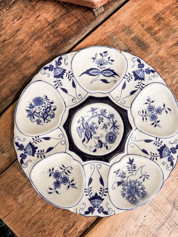 Vintage blue and white oyster dish for wall hanging plate. Farmhouse style plate wall decor.  