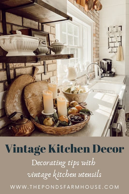 Vintage kitchen Utensils - Decorating Tips and Tricks.  Open shelves with concrete countertops in Farmhouse kitchen.