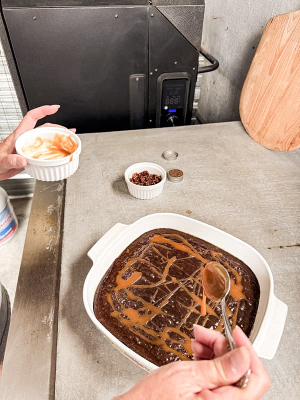 add caramel sauce to top of salted caramel dark chocolate brownies recipe