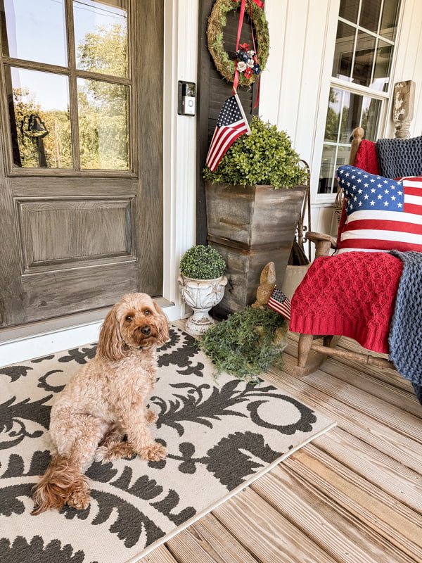 Red White and blue patriotic porch decorating ideas. Rustic porch ideas.