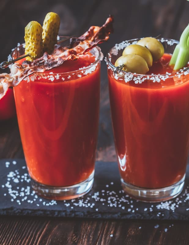 Bloody Mary Cocktail with candied bacon and pickles