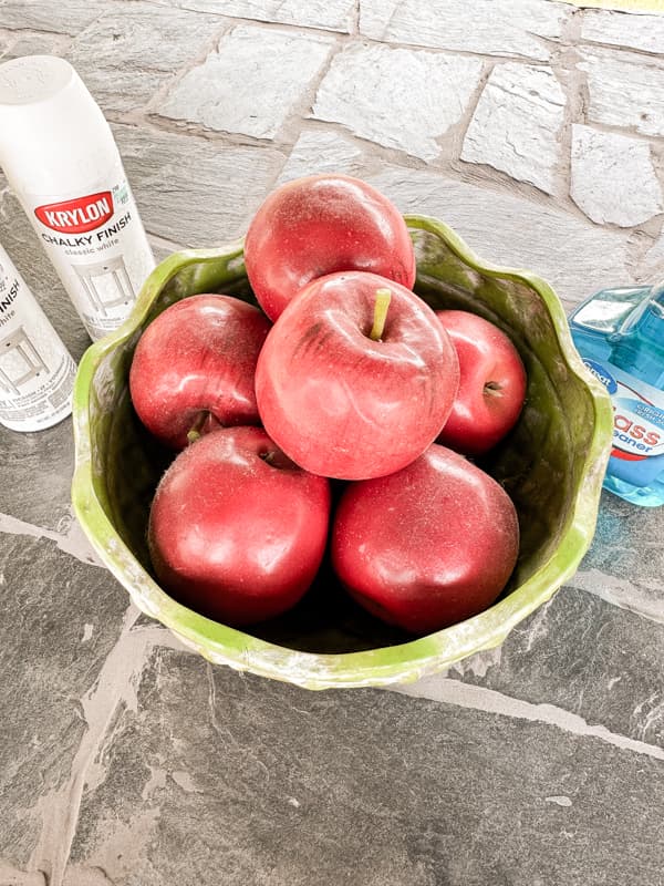 Red fake apples before and after easy fruit decor makeover.