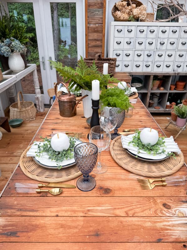 Greenhouse table decorations for a Summer tablescape with natural woven plate chargers and blue & green decorations.  