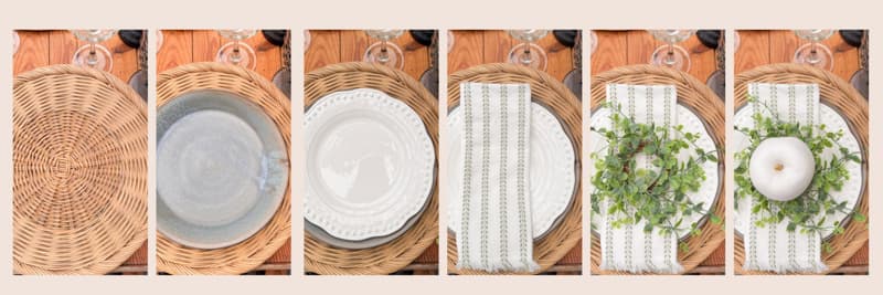 Step by step layering of place setting with woven charger, pottery dishes, white plates, fringe napkins, greenery and apples.