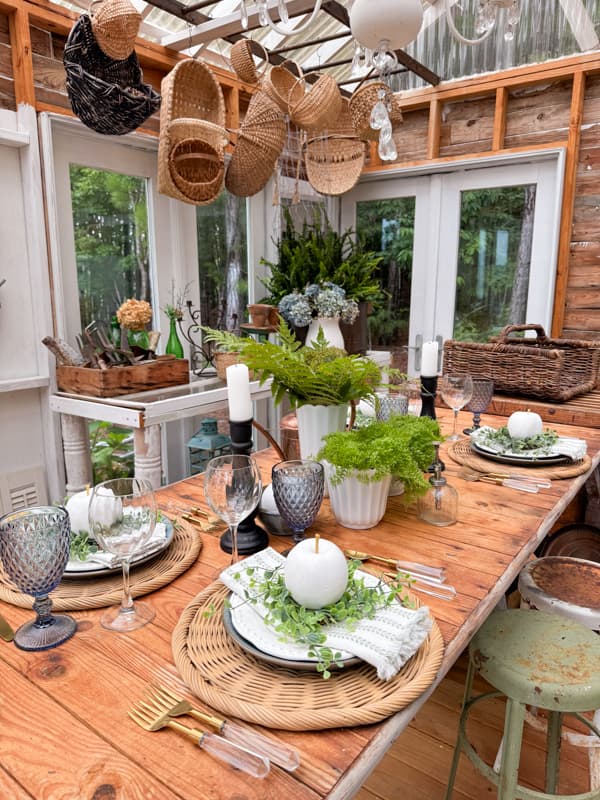 Greenhouse table with blue and green  place settings with fringed napkins and DIY white apples with gold stems