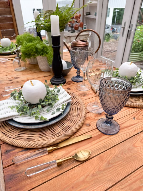 Thrift Store Wine Glasses and Blue water goblets on Summer Table in Greenhouse.