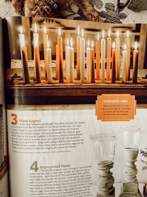 Reclaimed wood candleholder for table centerpiece featured in Farmhouse Style Magazine