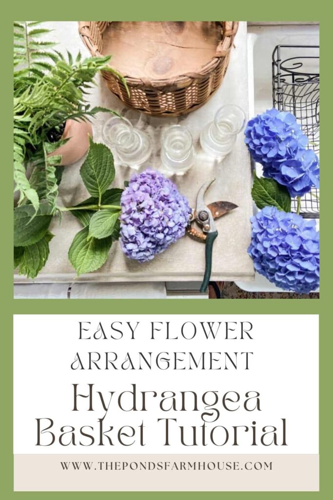Supplies for a hydrangea flower arrangement in a basket.  Summer Flower Arrangement. 
