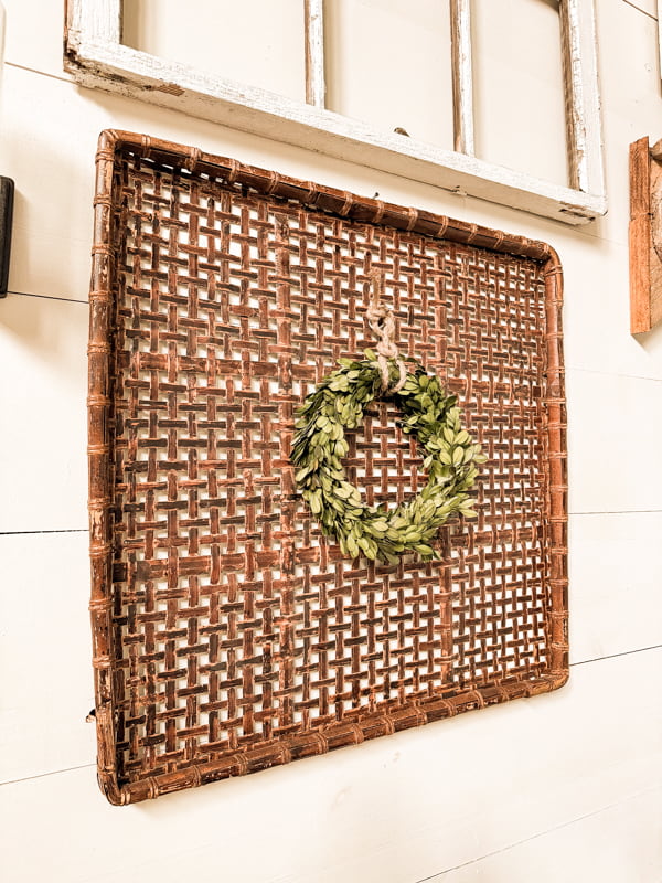 Flat square wall basket with preserved boxwood wreath 