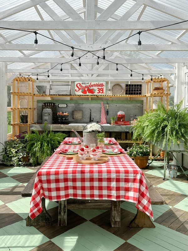 Greenhouse with strawberry themed table setting/  Red and white check tablecloth and galvanized watering can centerpiece.