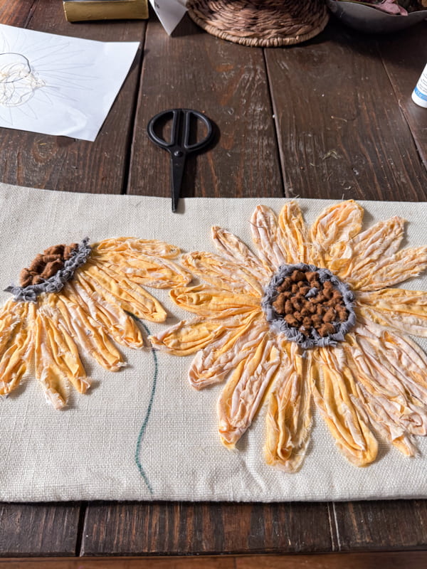 Sunflower Pillow with scrap fabrics for an easy no-sew summer and fall pillow cover