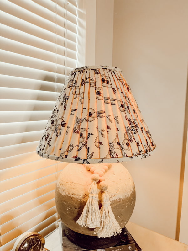 Fabric Lampshade makeover DIY with a thrift store lampshade and a pottery barn thrifted lamp makeover.  