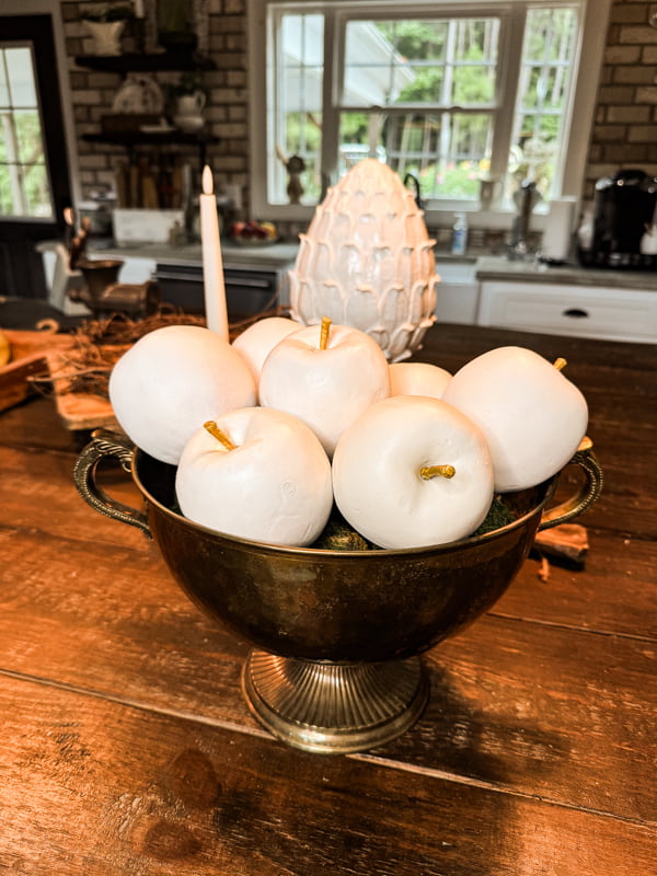 Upcycled apples in a vintage brass bowl.  