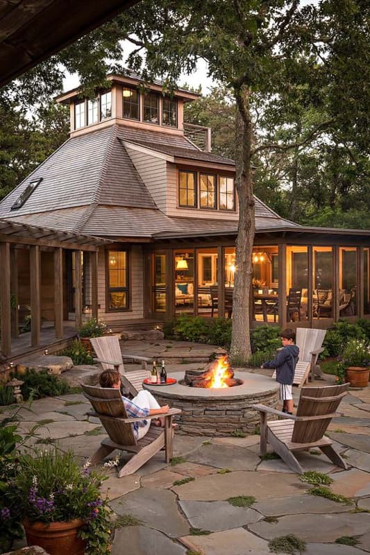 Cozy seating around the outdoor firepit with rustic wood house in background.