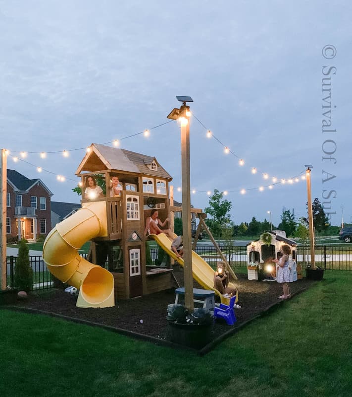 outdoor living space with playgound for children and a playhouse with a slide.