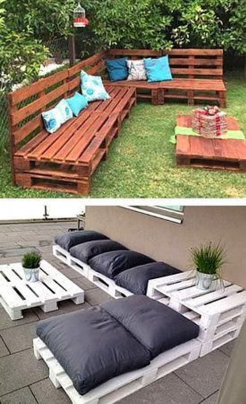 Creative Outdoor Living Space Ideas on budget using pallet wood to make outdoor wooden furniture for seating area.