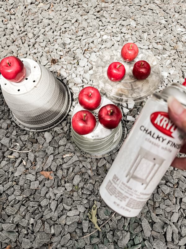 Spray paint the plastic red apples with chalky white paint to create white apple decorations.