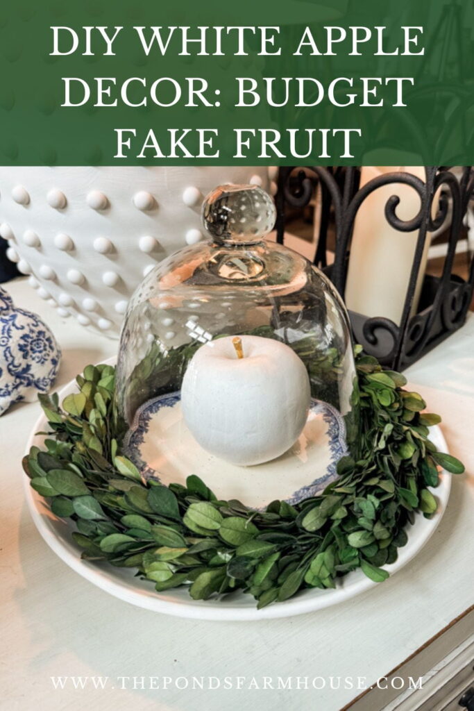 DIY White Apple Decor Budget Fake Fruit Decorations.  Upcycle old plastic fruit for elegant decorations. 