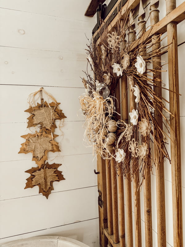 DIY Fall Wreath and Old Book Page Wooden Leaves for Fall Decorating.  