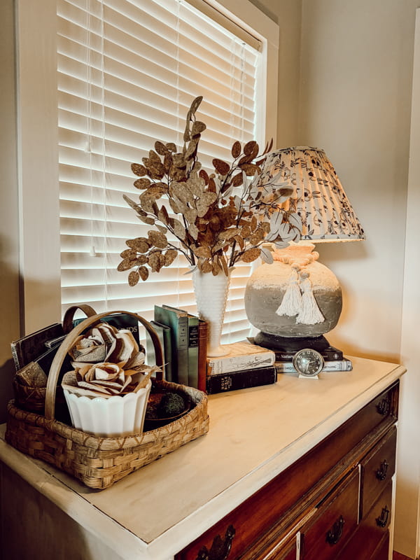 White Milk Glass Bud Vase and DIY Lamp for Fall Bedroom Decorating.  