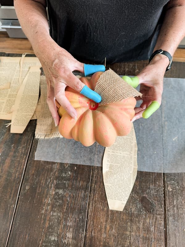 Add burlap to the Dollar Tree Pumpkins