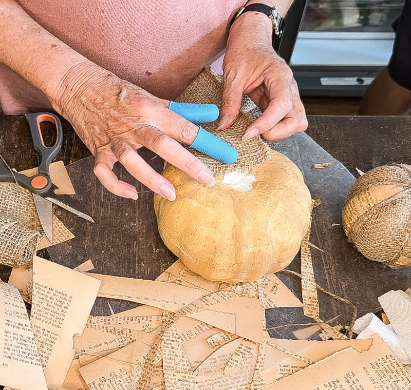 Add burlap to the Dollar Tree Pumpkins