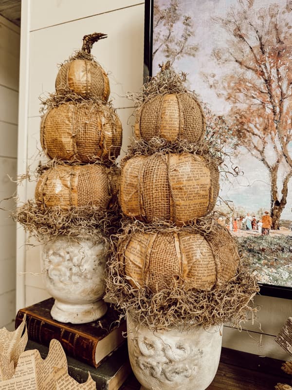 Primitive Fall Craft Topiaries with Dollar Tree Pumpkins, burlap and old book pages.  