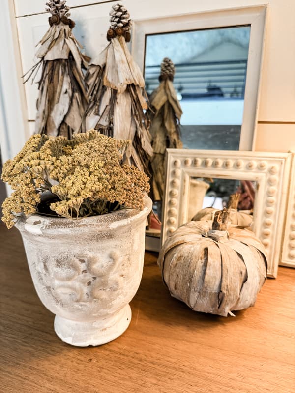 Weathered Pottery Barn Inspired Thrift Store Makeover with DIY corn husk projects.  