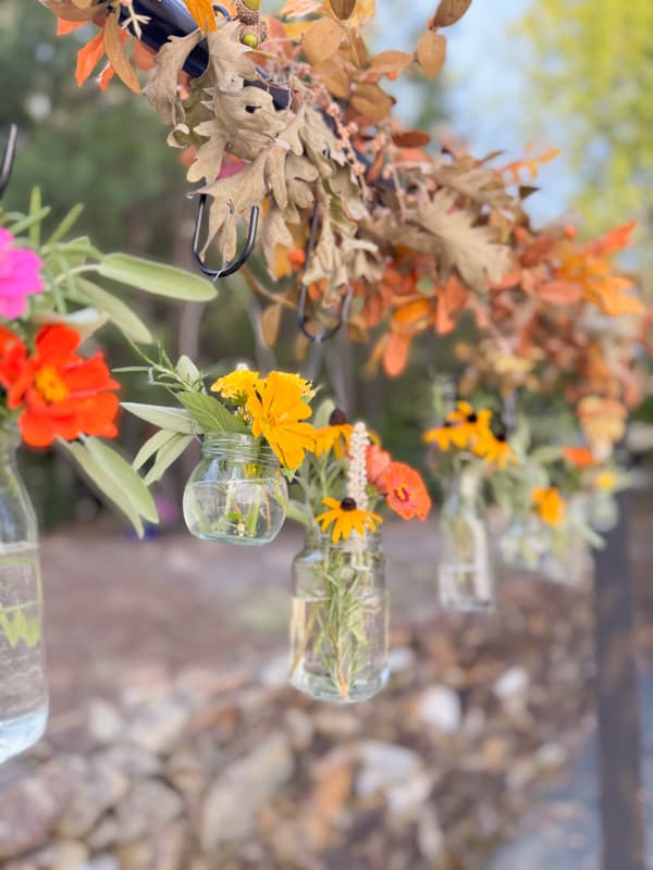 DIY Hanging Flower Pots with recycled jar and Thrift Store finds and fall garland 