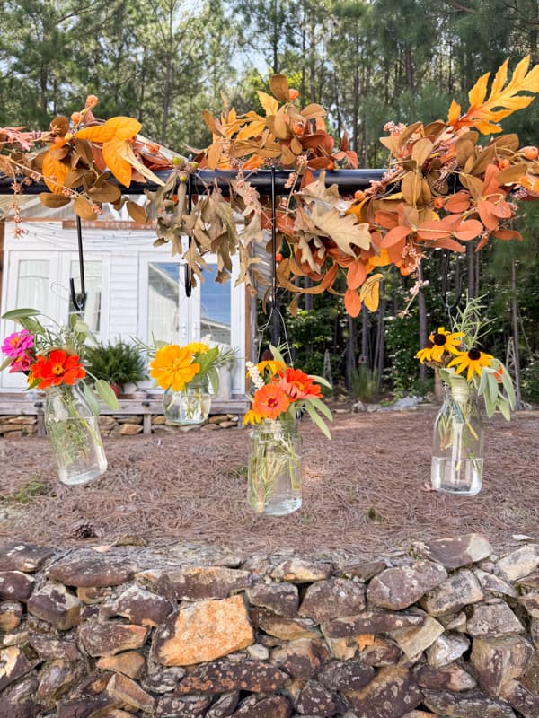 DIY Hanging Flower Pots with recycled jar and Thrift Store finds and fall garland 