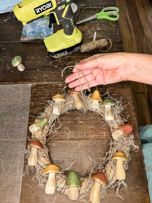 Fall Mushroom Decor DIY Wreath with jute twine hanger.