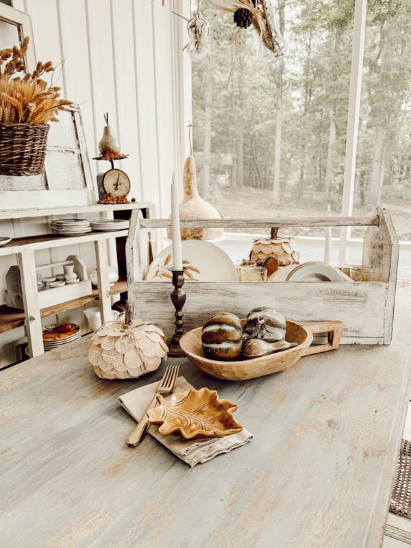 Fall Decor For Porches Autumn porch tour for a farmhouse cozy retreat.  Dining table with DIY funnel light fixture and tool box centerpiece