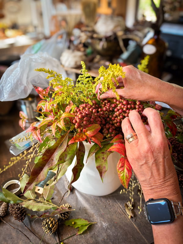 Add golden rod  to white ironstone pitcher for a fall wildflower  arrangement